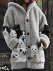 Damen Flanell niedliche Katzen-Print-Mäntel