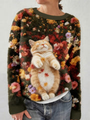 Damen-Sweatshirt mit süßem Blumen-Katzen-Flanell
