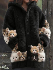 Damen Flanell niedliche Katzen-Print-Mäntel