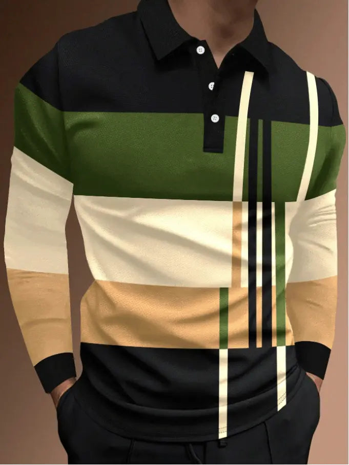 Men's Business Casual Striped Long-Sleeved Polo Shirt cherishyouo