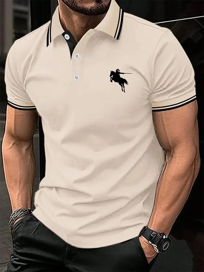 Men's Horse Stripe Print Casual Polo Shirt cherishyouo