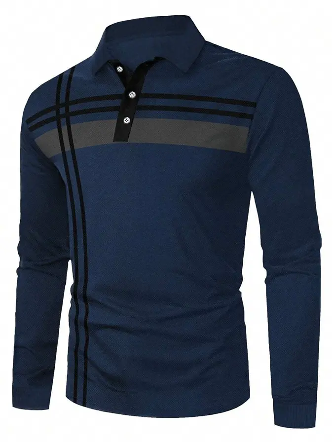 Men's Striped Business Casual Long Sleeve Polo Shirt cherishyouo
