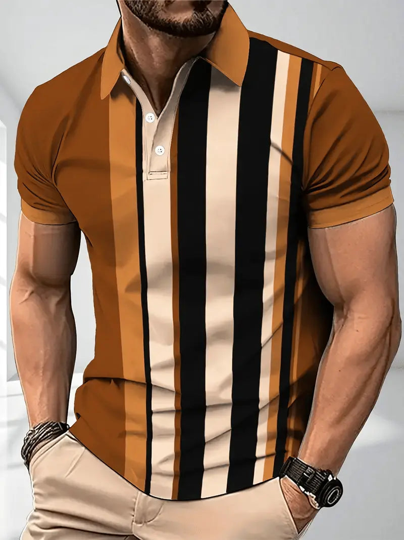 Men's Business Stripe Lettering Button-Down Polo Shirt cherishyouo