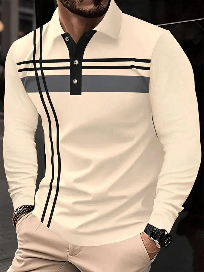Men's Striped Business Casual Long Sleeve Polo Shirt cherishyouo