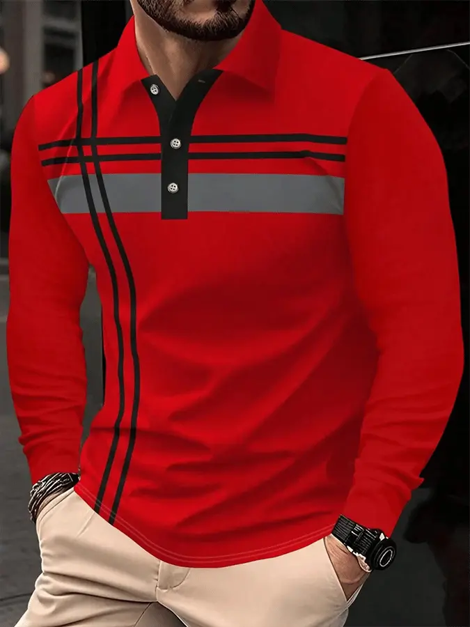 Men's Striped Business Casual Long Sleeve Polo Shirt cherishyouo