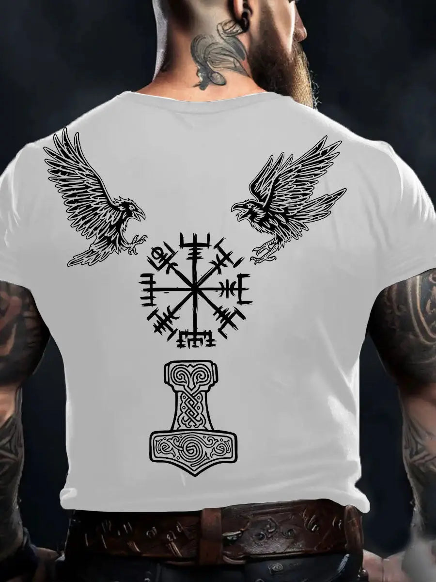 Herren Viking Style Odin Ravens & Vegvisir Bedrucktes T-Shirt zartstils