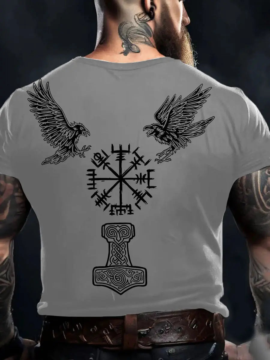 Herren Viking Style Odin Ravens & Vegvisir Bedrucktes T-Shirt zartstils