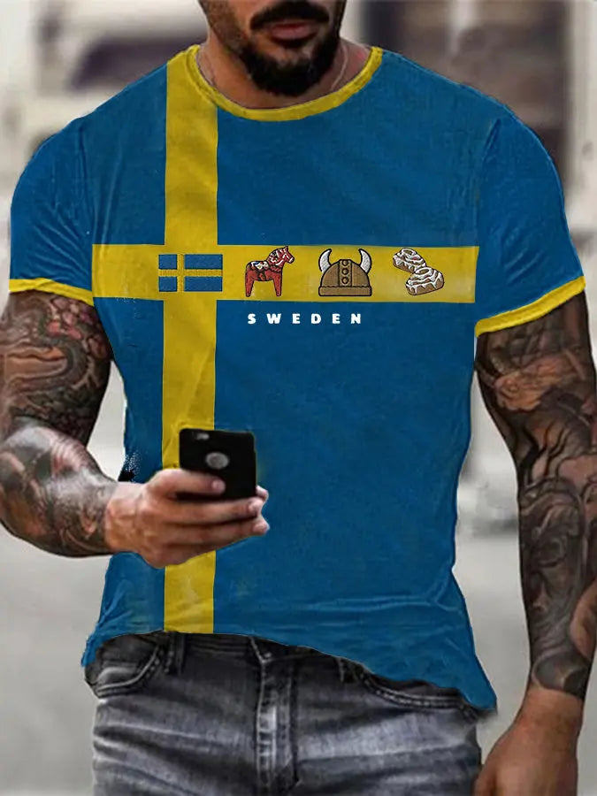 Schwedische Flagge der Männer, Dalama, Wikinger Helm, Zimtrollen-Muster mit kurzen Ärmeln T-Shirt zartstils