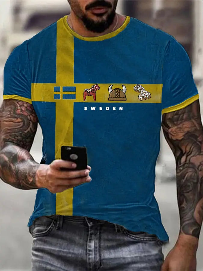 Schwedische Flagge der Männer, Dalama, Wikinger Helm, Zimtrollen-Muster mit kurzen Ärmeln T-Shirt zartstils