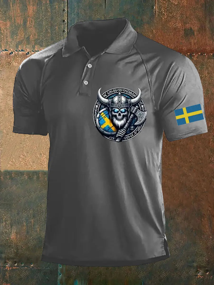 Herrens Sverige Viking Style Skull Tryckt Polo tröj zartstils