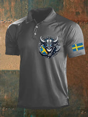 Herrens Sverige Viking Style Skull Tryckt Polo tröj zartstils