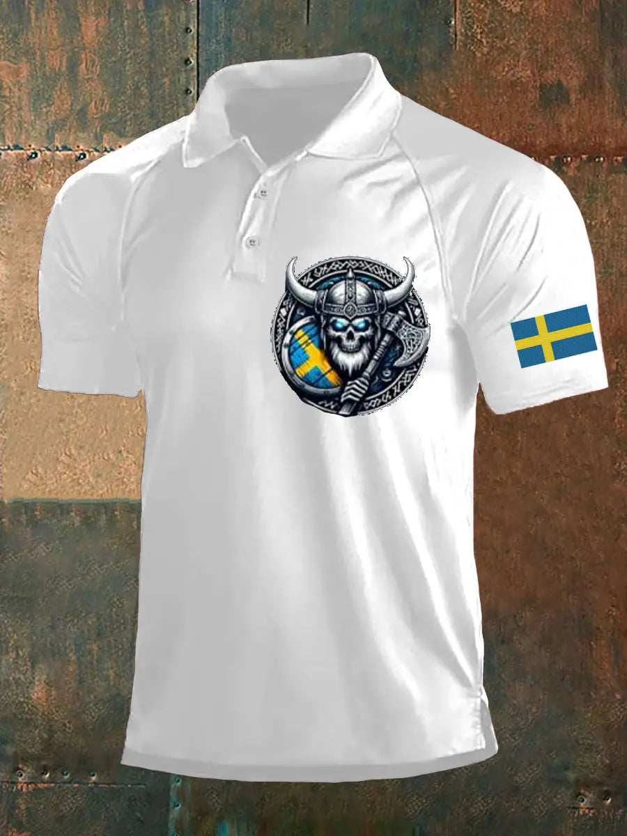 Herrens Sverige Viking Style Skull Tryckt Polo tröj zartstils