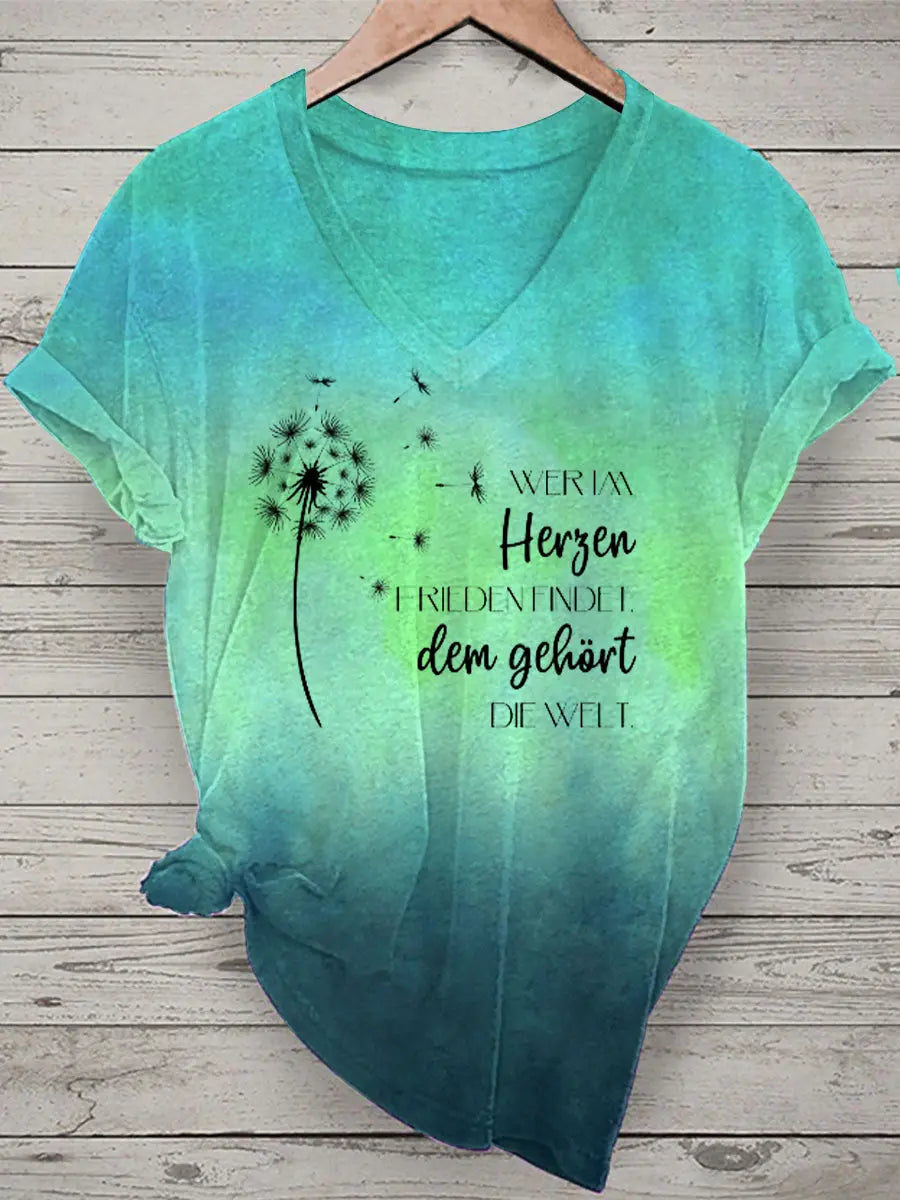 Damen-T-Shirt mit Löwenzahn und Sprichwörter Tie Dye Print Kurzarm zartstils