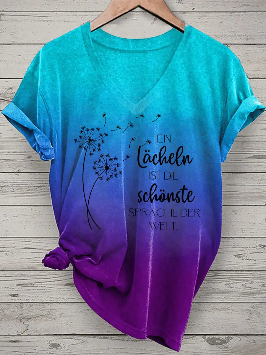 Damen-T-Shirt mit Löwenzahn und Sprichwörter Tie Dye Print Kurzarm zartstils