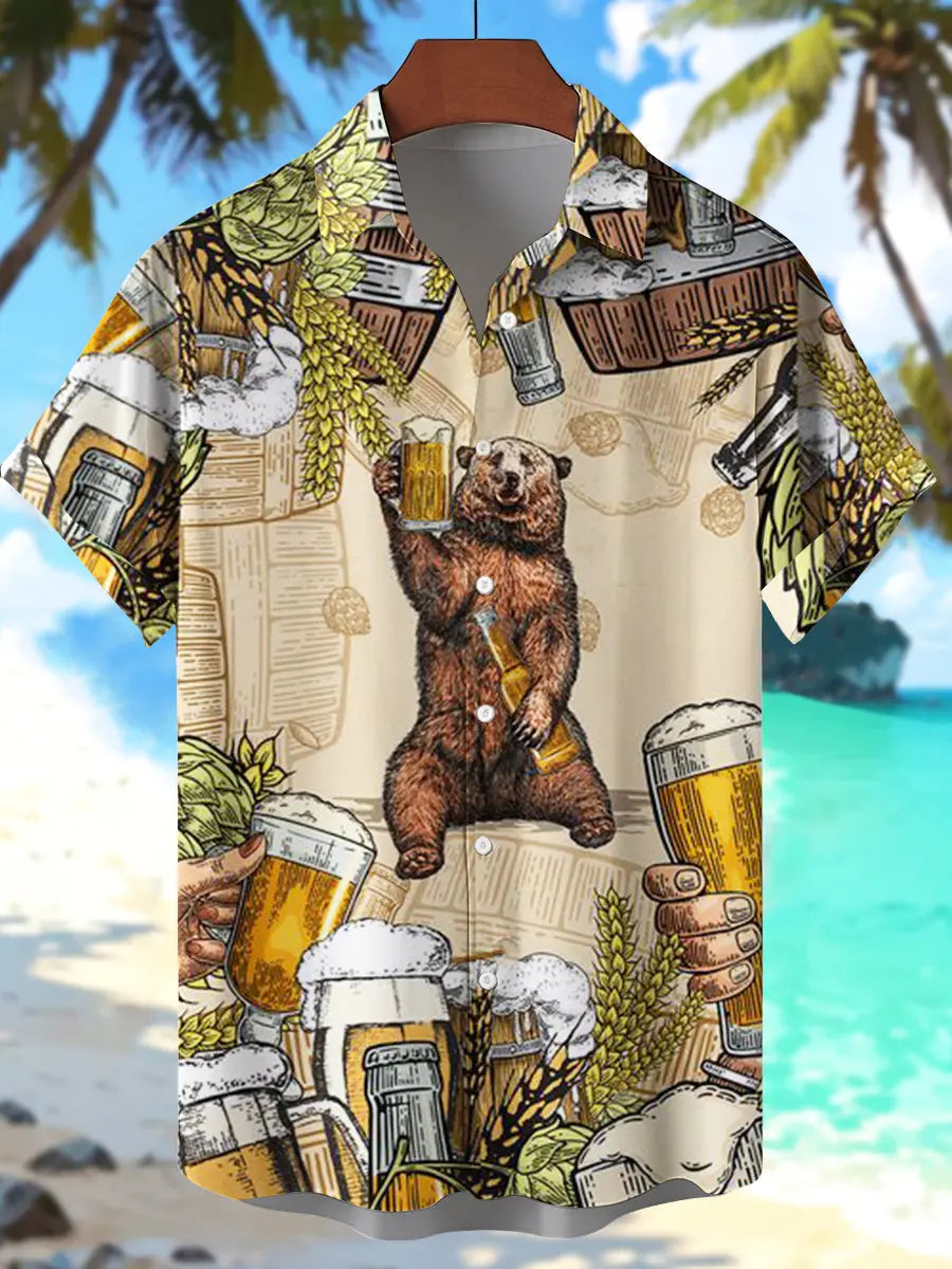 Men's beer print short sleeve shirt