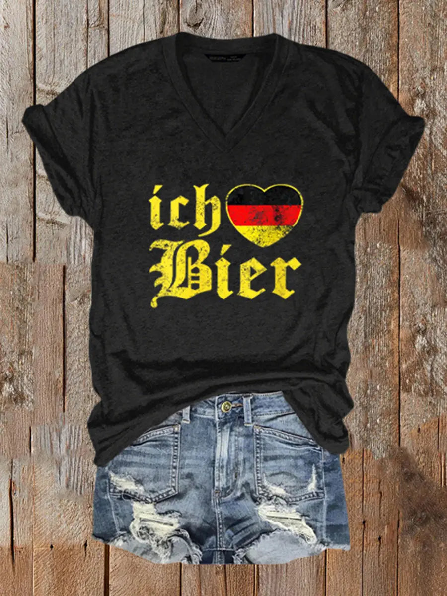 Frauen Ich Bier Print V-Ausschnitt T-Shirt