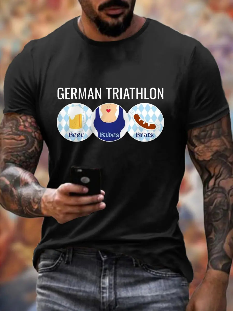 Männer Oktoberfest Triathlon Lustiges Trinken T-Shirt