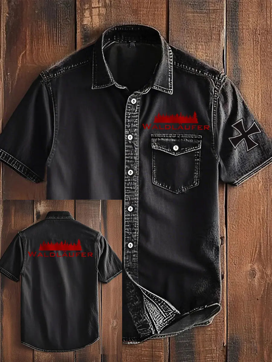 Waldläufer bedrucktes Kurzarm-Hemd für Herren