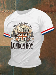 Men's LONDON BOY TEA  TIME England Flag Printed Short Sleeve T-shirt