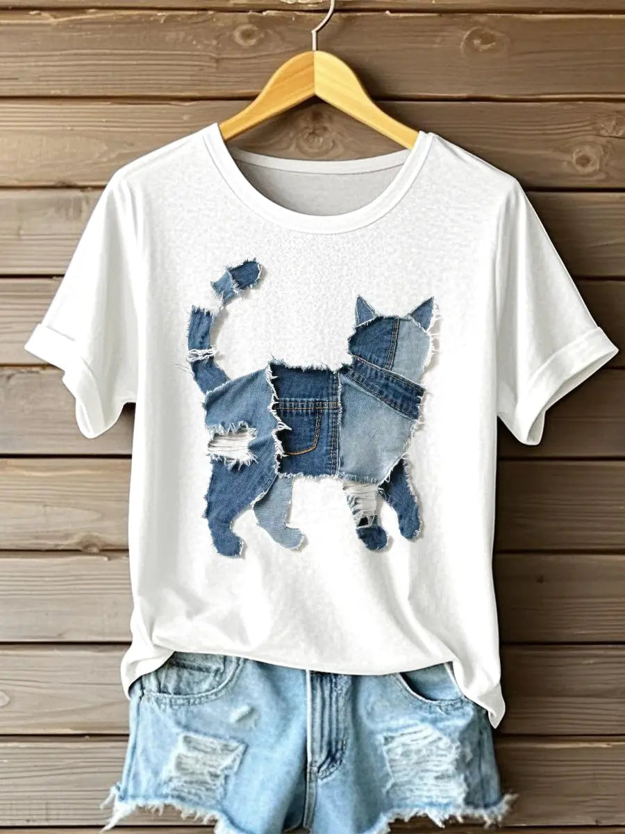 Frauen niedliche Katze Denim Patchwork Kunst T-Shirt
