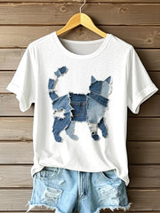 Frauen niedliche Katze Denim Patchwork Kunst T-Shirt