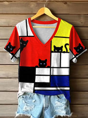 Frauen Katzen linie Kunstdruck T-Shirt