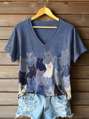 Frauen niedliche Katze Patchwork V-Ausschnitt T-Shirt