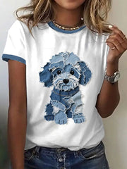 Damen niedliches Hunde-Jeans-Patchwork-Kunst-T-Shirt