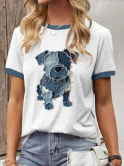 Damen niedliches Hunde-Jeans-Patchwork-Kunst-T-Shirt