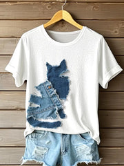 Frauen niedliche Katze Denim Patchwork Kunst T-Shirt