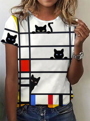 Frauen Katzen linie Kunstdruck T-Shirt