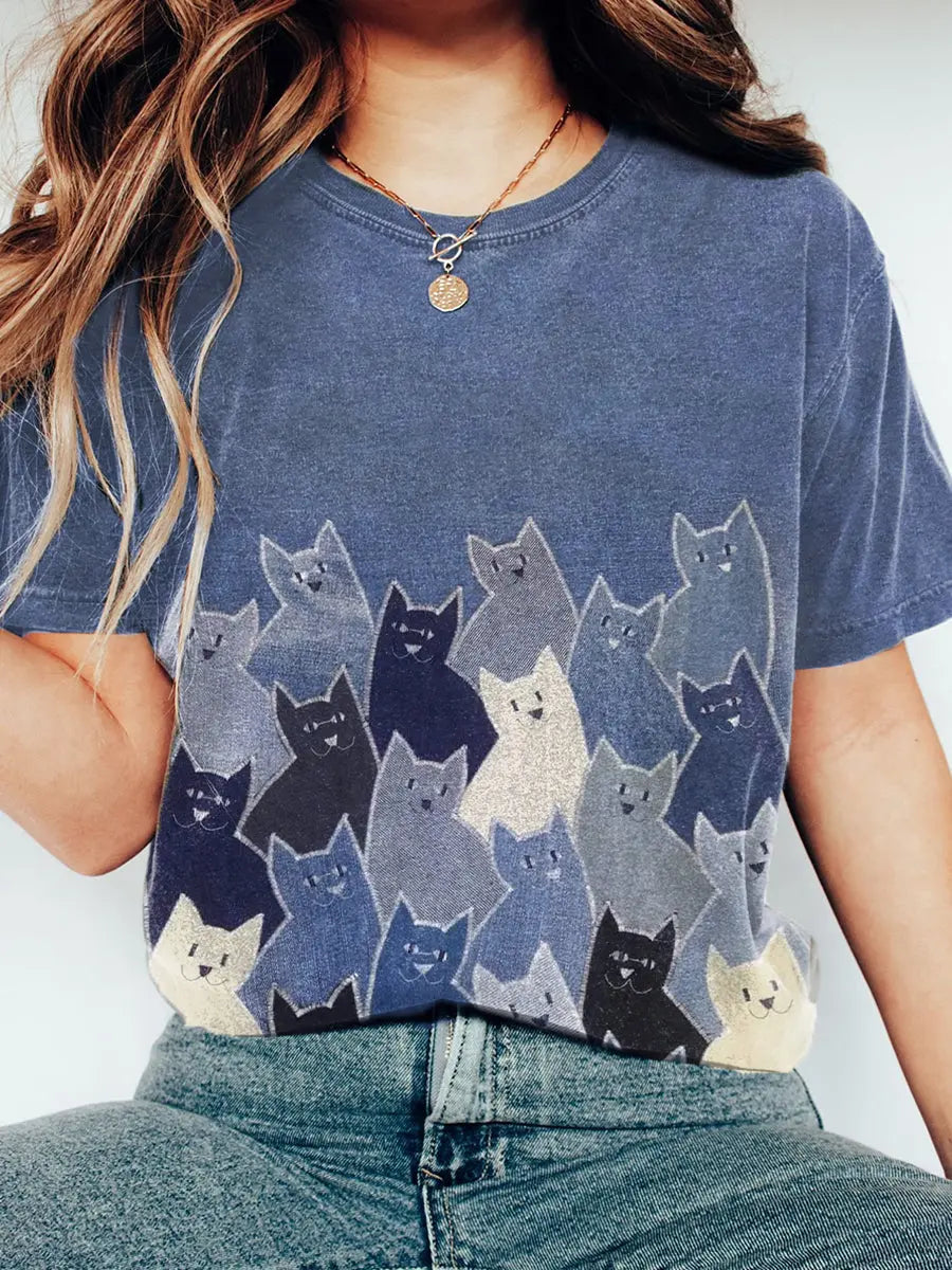 Frauen niedliche Katze Patchwork Kunst gewaschen T-Shirt