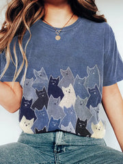 Frauen niedliche Katze Patchwork Kunst gewaschen T-Shirt