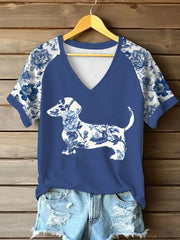 Damen Dackel Blumen druck T-Shirt