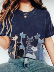 Frauen niedliche Katze Patchwork Kunst gewaschen T-Shirt