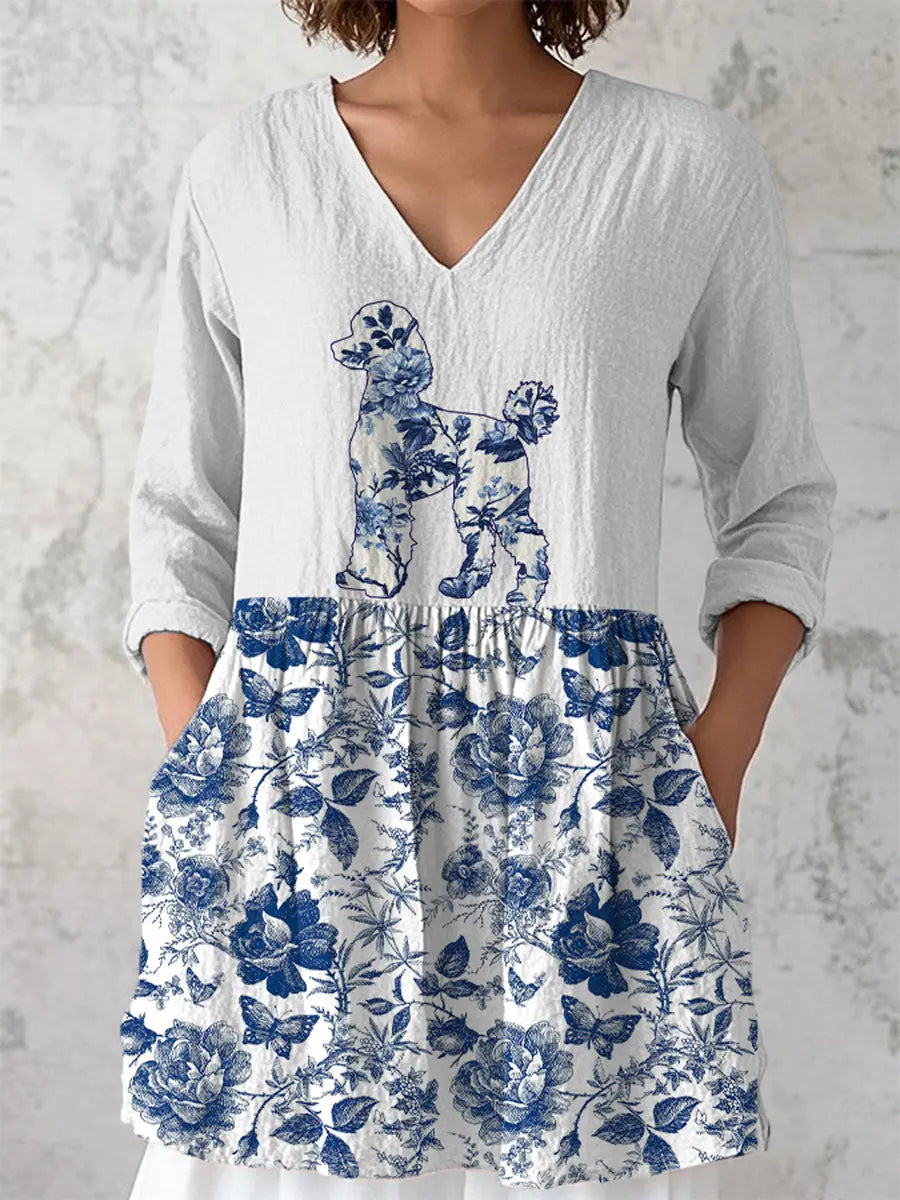 Frauen Pudel Blumen Baumwolle und Leinen T-Shirt