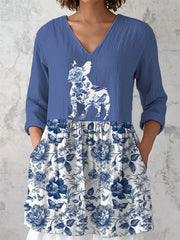 Frauen Pudel Blumen Baumwolle und Leinen T-Shirt