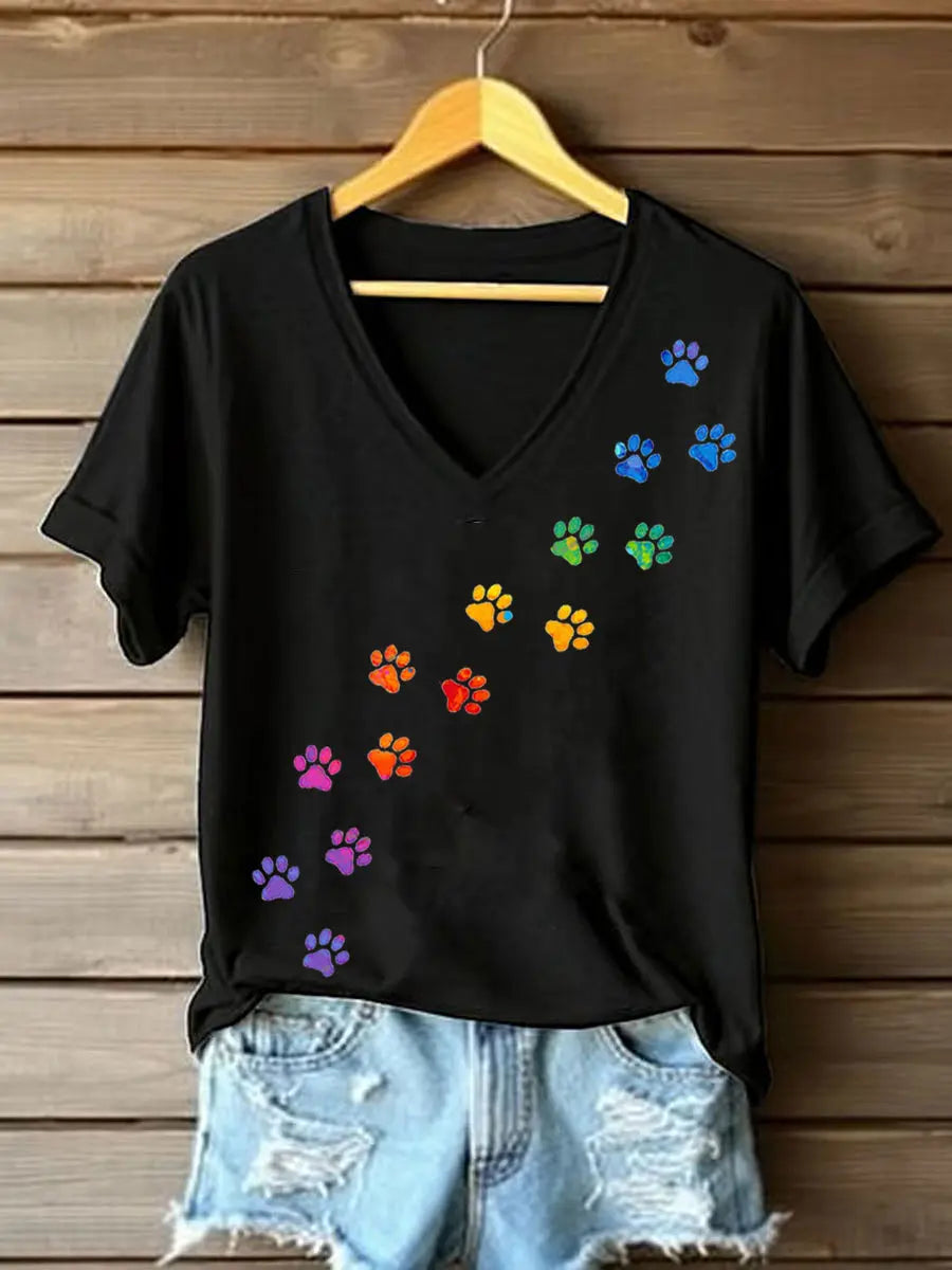 Frauen buntes Hunde pfote T-Shirt