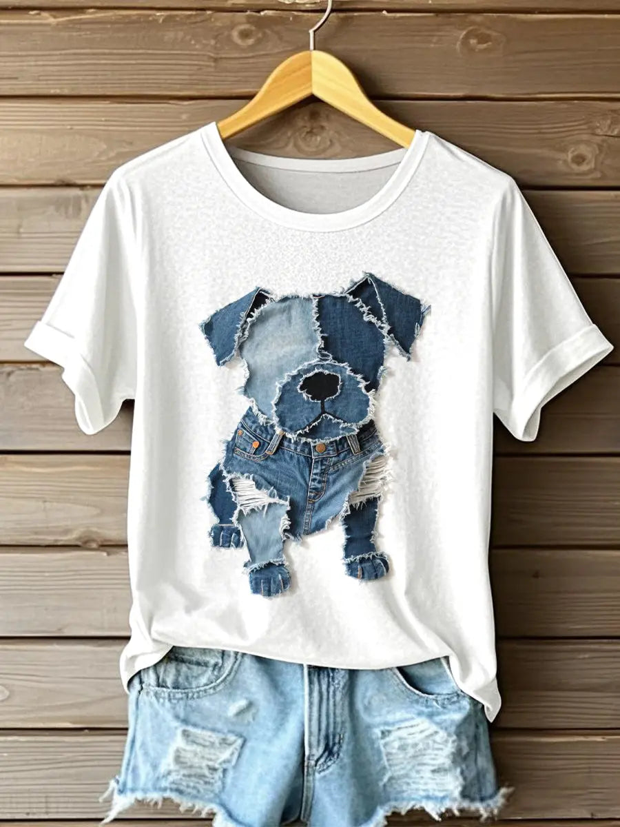 Damen Hunde muster Denim Patchwork Kunst T-Shirt