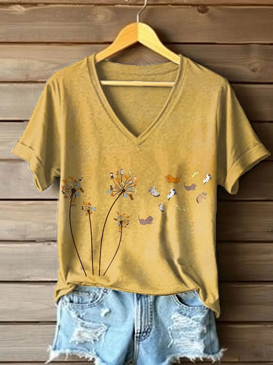 Frauen lustige Katzen drucken V-Ausschnitt T-Shirt