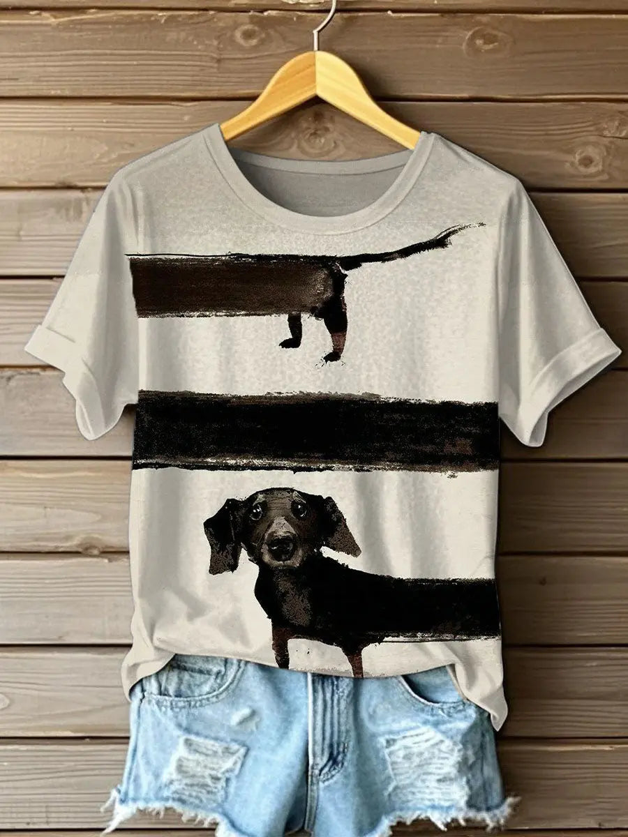 Frauen Ölgemälde Dackel Druck T-Shirt