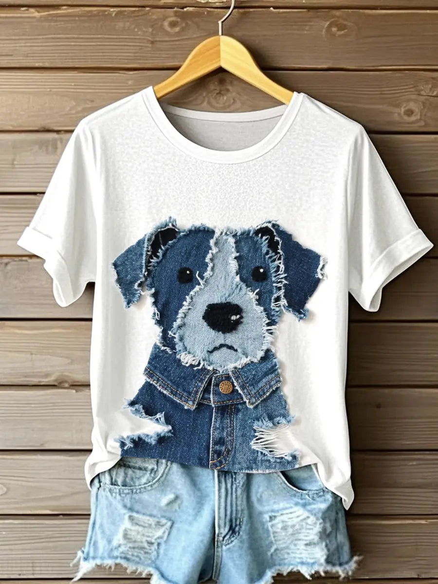 Damen niedliches Hunde-Jeans-Patchwork-Kunst-T-Shirt