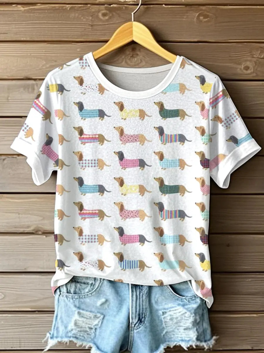 Damen niedliches Dackel-Print T-Shirt