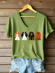 Frauen Cavalier Dog Print V-Ausschnitt T-Shirt