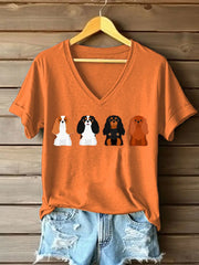 Frauen Cavalier Dog Print V-Ausschnitt T-Shirt