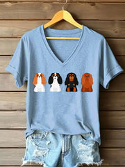 Frauen Cavalier Dog Print V-Ausschnitt T-Shirt