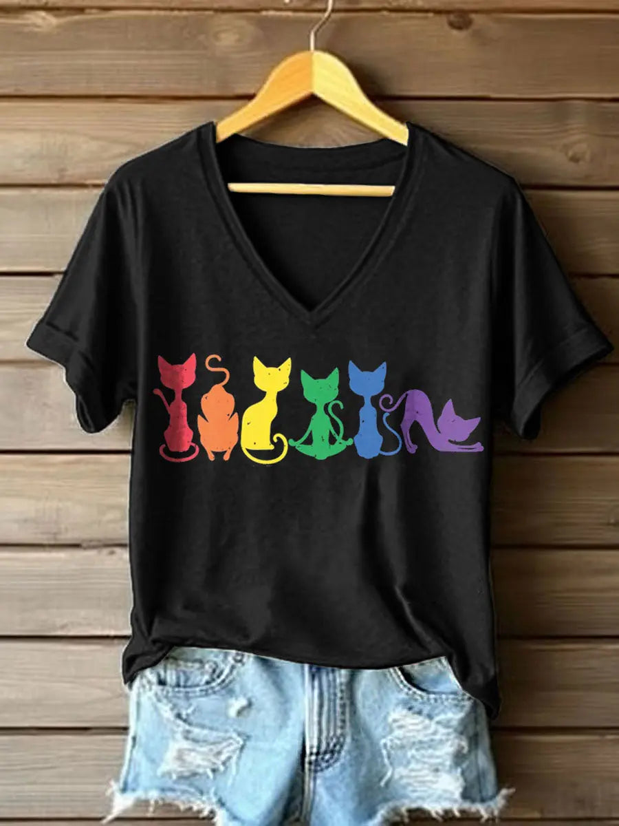Frauen Regenbogen farben Katzen druck V-Ausschnitt T-Shirt