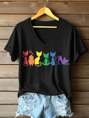 Frauen Regenbogen farben Katzen druck V-Ausschnitt T-Shirt