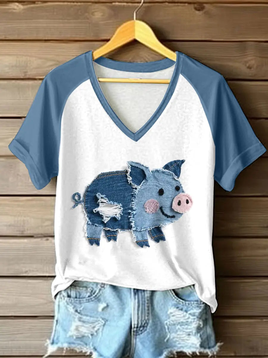 Frauen niedliches Schwein Patchwork Kunst V-Ausschnitt T-Shirt