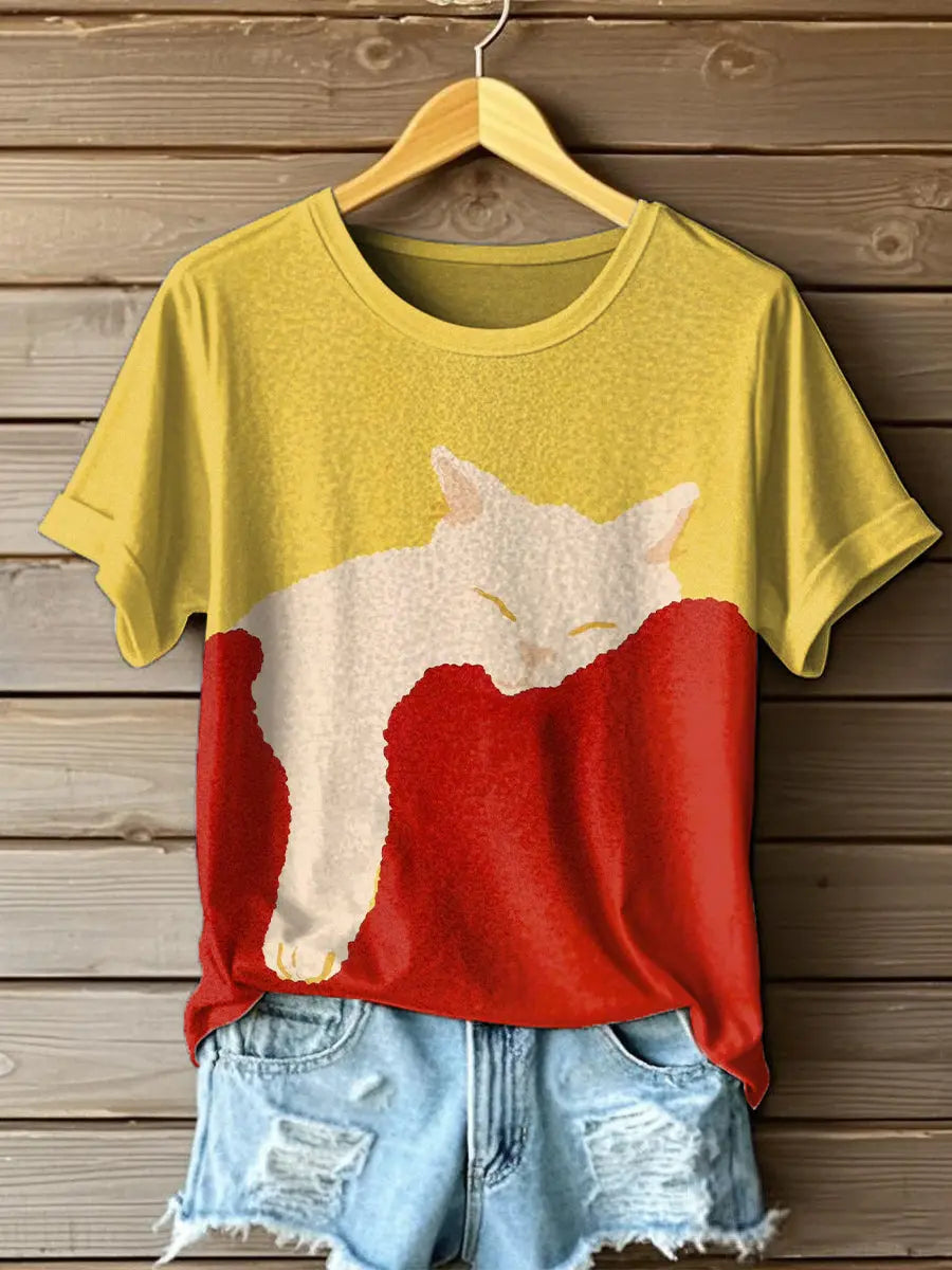 Frauen niedliche Katze Kunstdruck T-Shirt